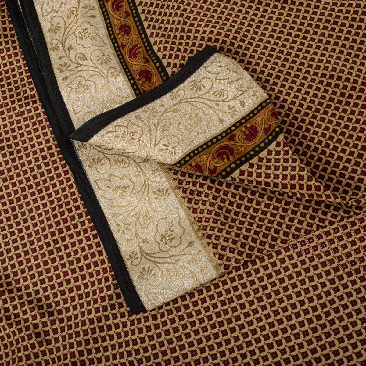 Sanskriti Vintage Saree Brown Pure Crepe Floral Print Sari 6.5+Yard Craft Fabric