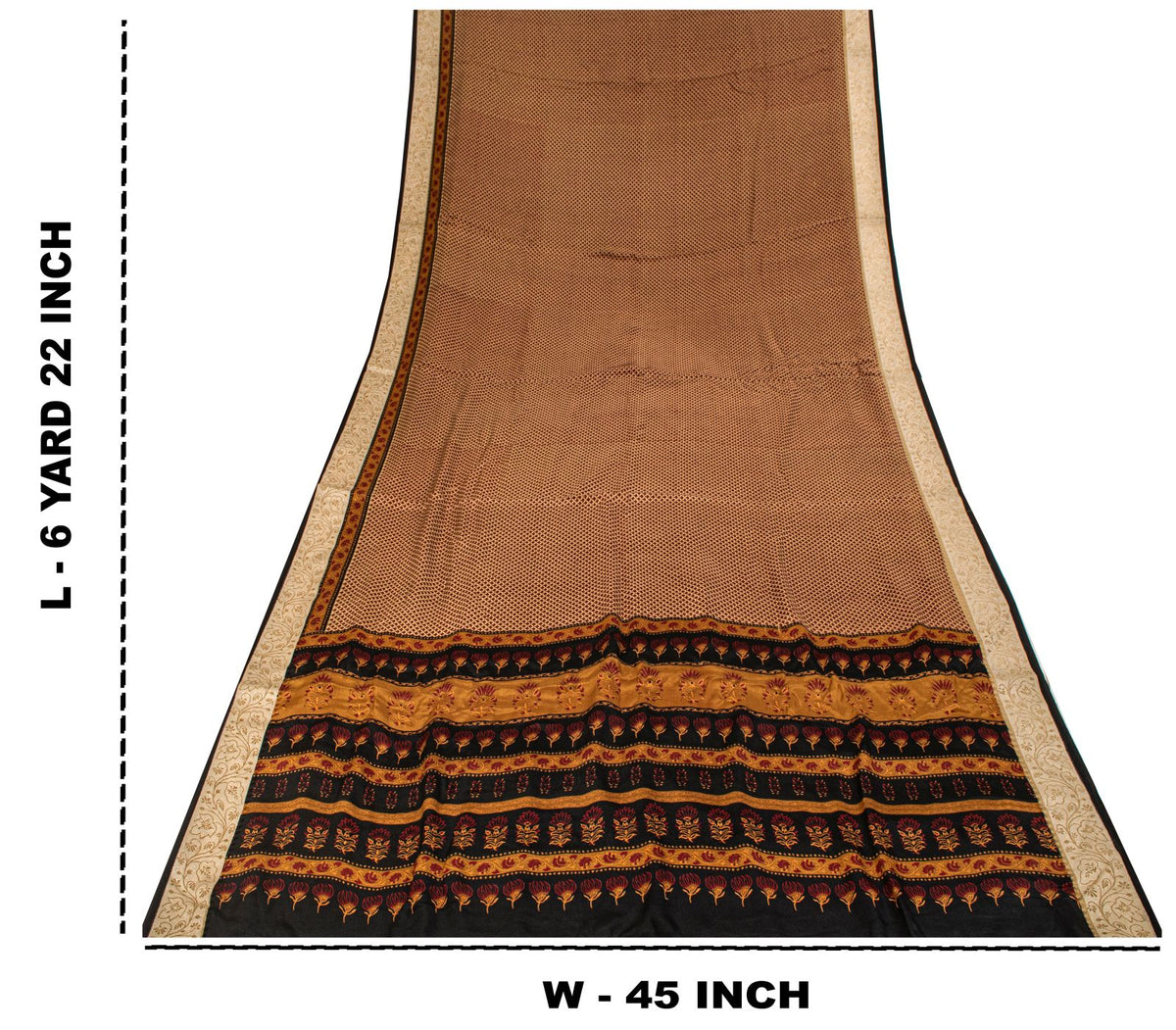 Sanskriti Vintage Saree Brown Pure Crepe Floral Print Sari 6.5+Yard Craft Fabric