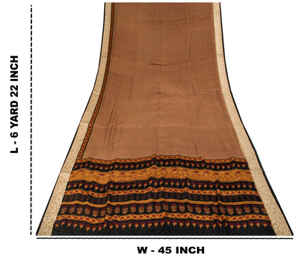 Sanskriti Vintage Saree Brown Pure Crepe Floral Print Sari 6.5+Yard Craft Fabric