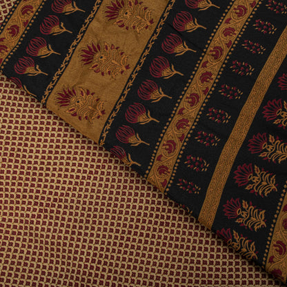 Sanskriti Vintage Saree Brown Pure Crepe Floral Print Sari 6.5+Yard Craft Fabric