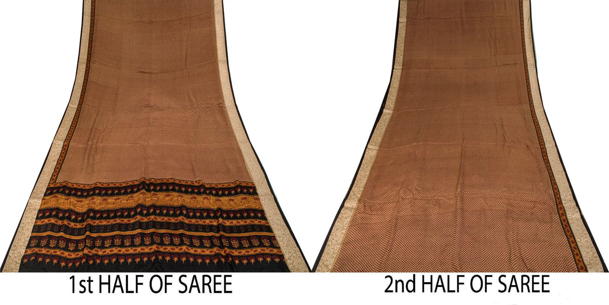 Sanskriti Vintage Saree Brown Pure Crepe Floral Print Sari 6.5+Yard Craft Fabric