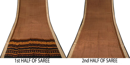 Sanskriti Vintage Saree Brown Pure Crepe Floral Print Sari 6.5+Yard Craft Fabric