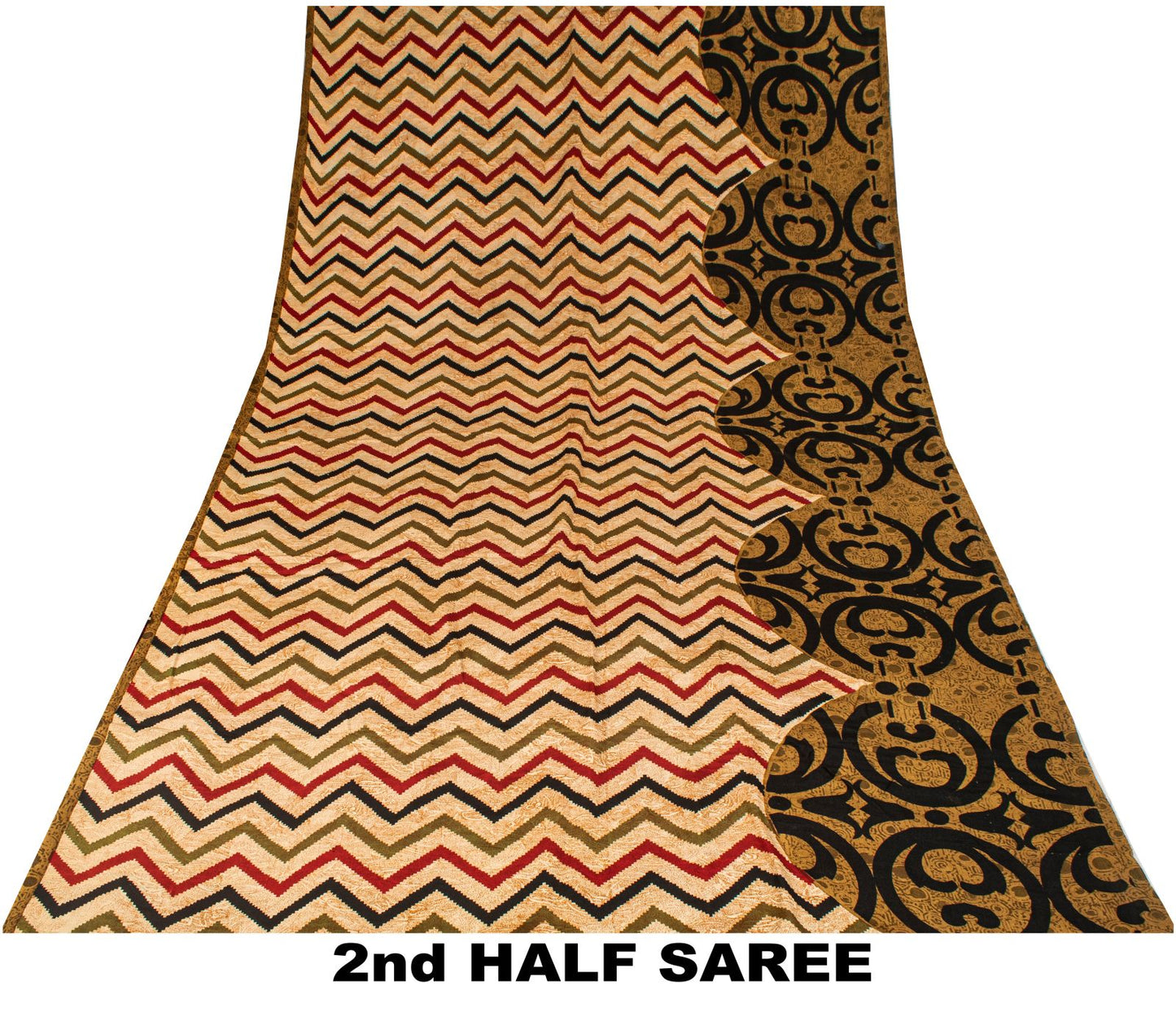 Sanskriti Vintage Saree Ivory Pure Crepe Silk Abstract Print Sari 5.5Yard Fabric