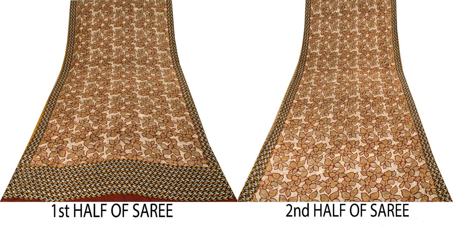 Sanskriti Vintage Saree Brown 100% Pure Crepe Floral Print Sari 5.5+Yard Fabric