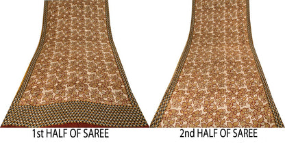 Sanskriti Vintage Saree Brown 100% Pure Crepe Floral Print Sari 5.5+Yard Fabric