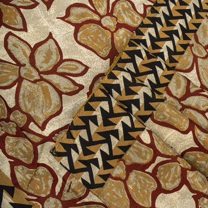 Sanskriti Vintage Saree Brown 100% Pure Crepe Floral Print Sari 5.5+Yard Fabric