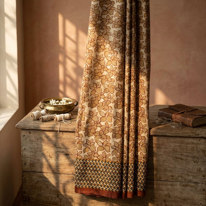 Sanskriti Vintage Saree Brown 100% Pure Crepe Floral Print Sari 5.5+Yard Fabric