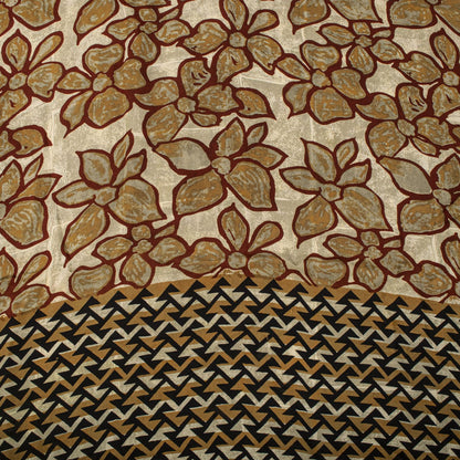 Sanskriti Vintage Saree Brown 100% Pure Crepe Floral Print Sari 5.5+Yard Fabric