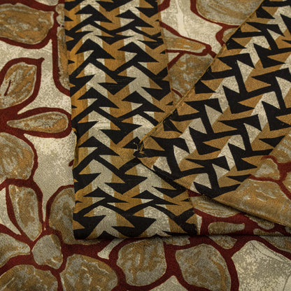 Sanskriti Vintage Saree Brown 100% Pure Crepe Floral Print Sari 5.5+Yard Fabric