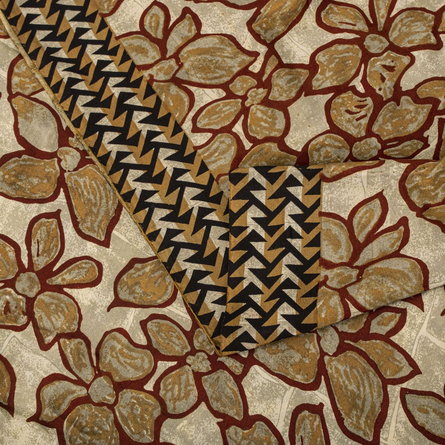 Sanskriti Vintage Saree Brown 100% Pure Crepe Floral Print Sari 5.5+Yard Fabric