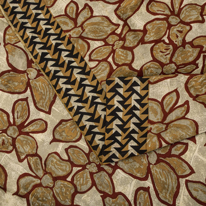 Sanskriti Vintage Saree Brown 100% Pure Crepe Floral Print Sari 5.5+Yard Fabric