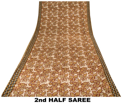 Sanskriti Vintage Saree Brown 100% Pure Crepe Floral Print Sari 5.5+Yard Fabric