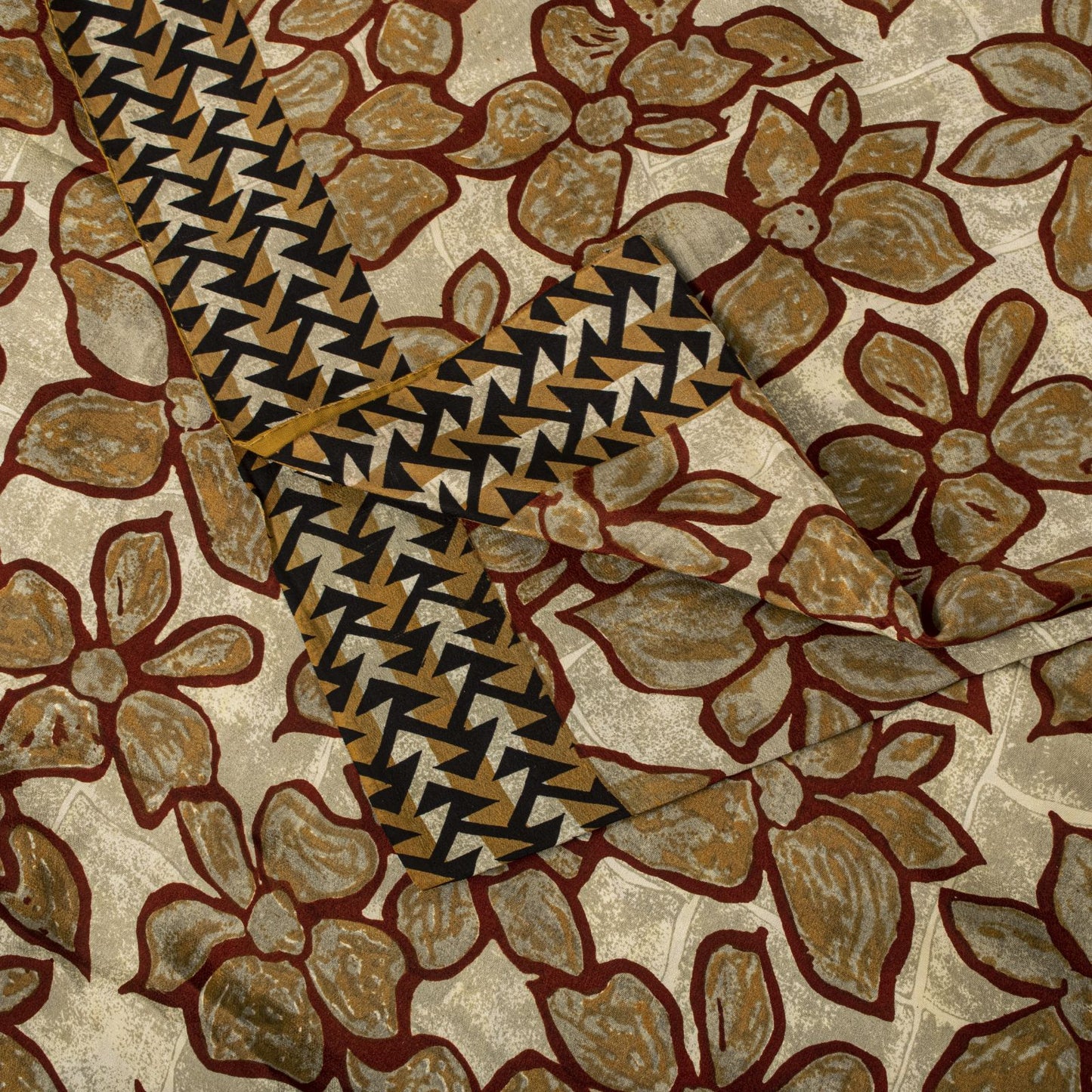 Sanskriti Vintage Saree Brown 100% Pure Crepe Floral Print Sari 5.5+Yard Fabric