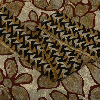 Sanskriti Vintage Saree Brown 100% Pure Crepe Floral Print Sari 5.5+Yard Fabric