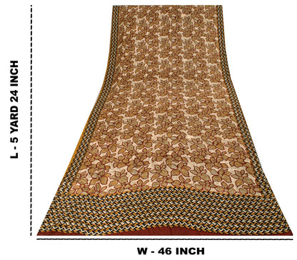 Sanskriti Vintage Saree Brown 100% Pure Crepe Floral Print Sari 5.5+Yard Fabric
