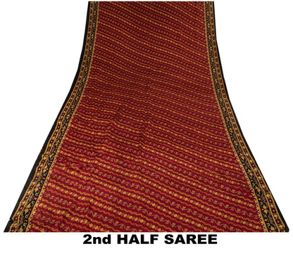 Sanskriti Vintage Saree Maroon 100% Pure Crepe Geometric Print Sari 6+Yd Fabric