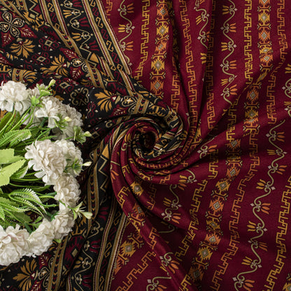 Sanskriti Vintage Saree Maroon 100% Pure Crepe Geometric Print Sari 6+Yd Fabric
