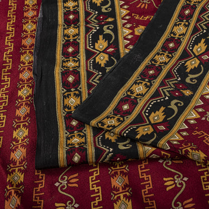 Sanskriti Vintage Saree Maroon 100% Pure Crepe Geometric Print Sari 6+Yd Fabric