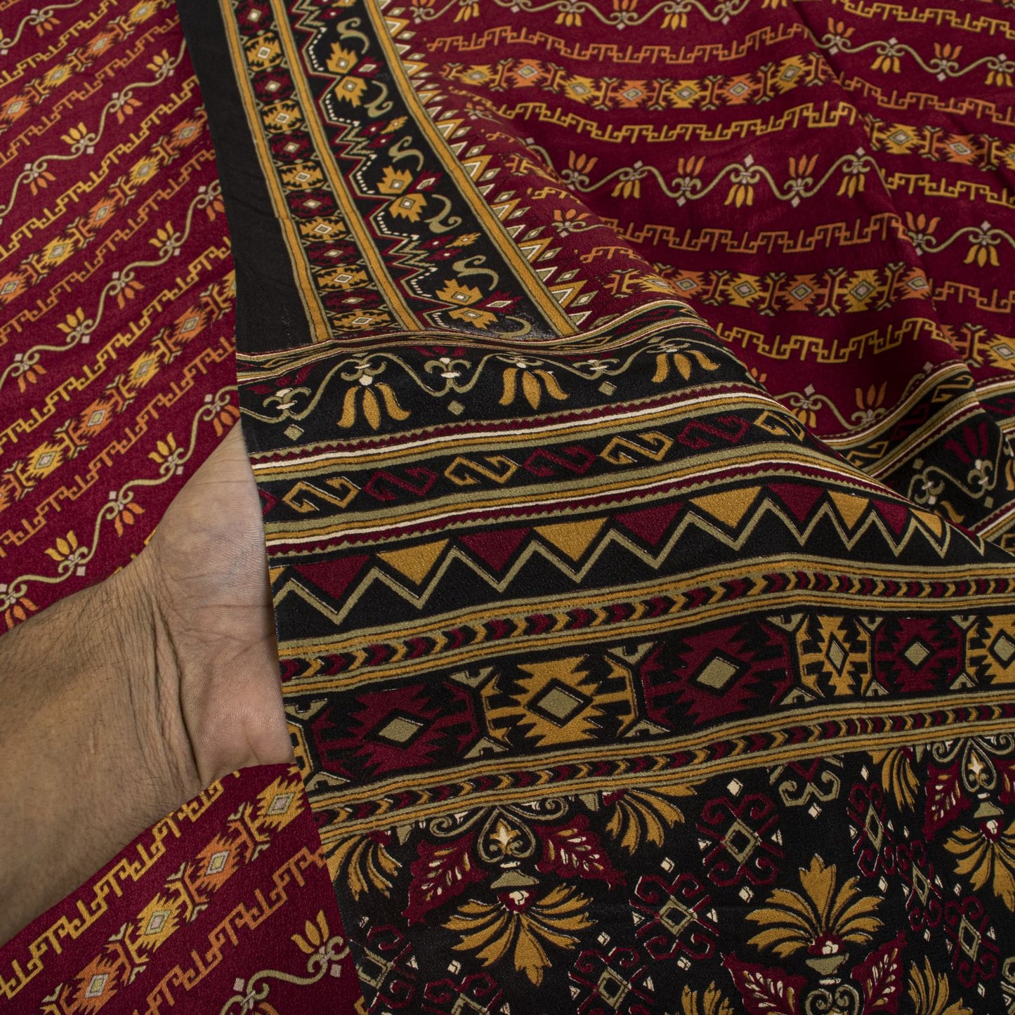 Sanskriti Vintage Saree Maroon 100% Pure Crepe Geometric Print Sari 6+Yd Fabric