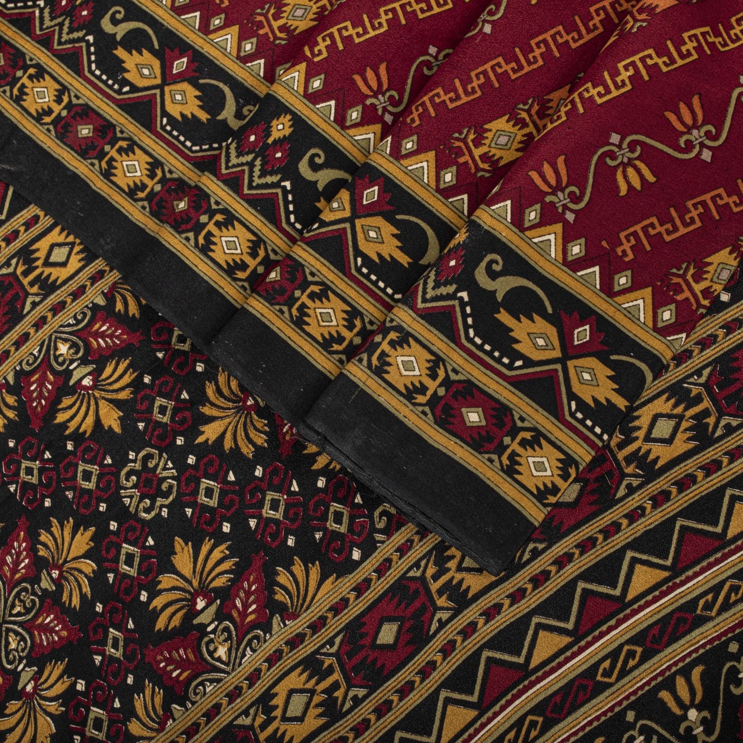 Sanskriti Vintage Saree Maroon 100% Pure Crepe Geometric Print Sari 6+Yd Fabric