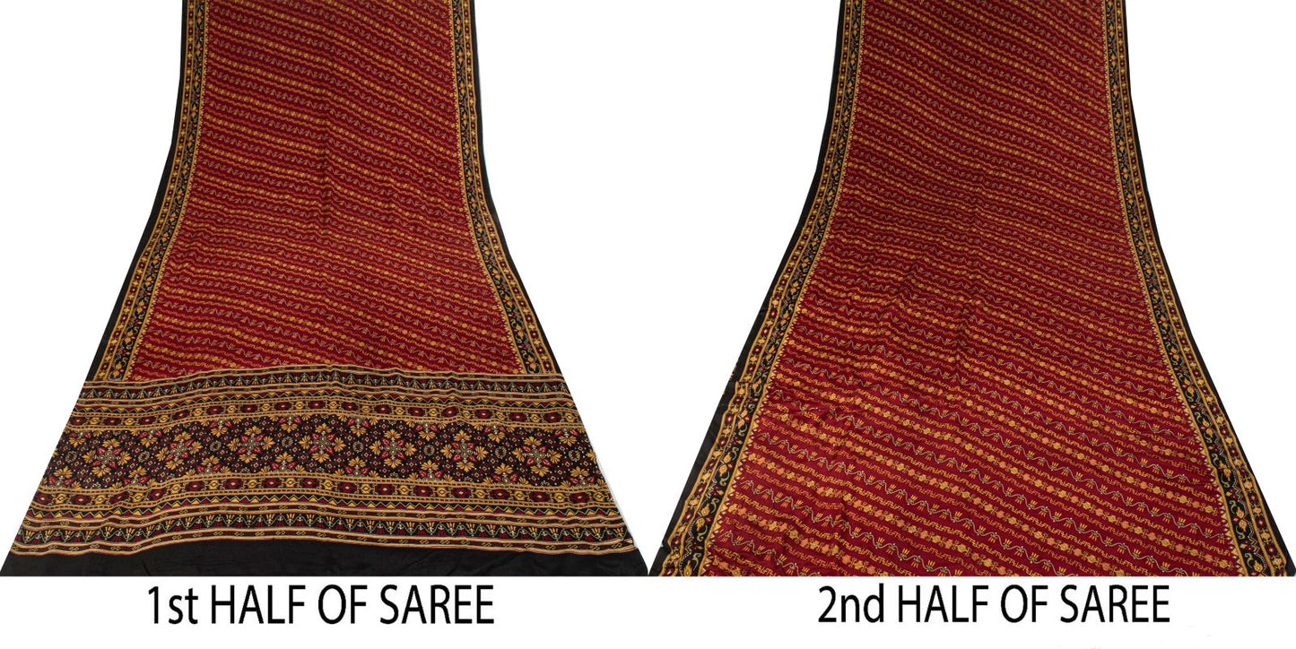 Sanskriti Vintage Saree Maroon 100% Pure Crepe Geometric Print Sari 6+Yd Fabric