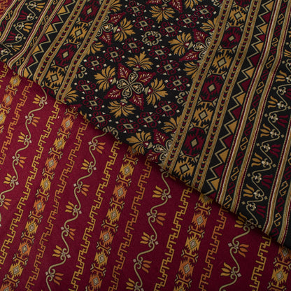 Sanskriti Vintage Saree Maroon 100% Pure Crepe Geometric Print Sari 6+Yd Fabric