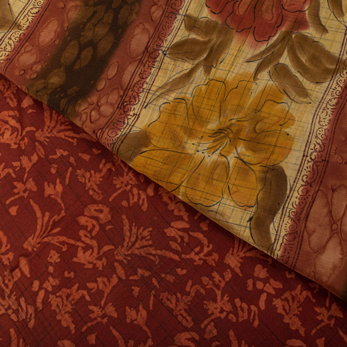 Sanskriti Vintage Saree Maroon-Beige Pure Crepe Floral Print Sari 5+Yard Fabric