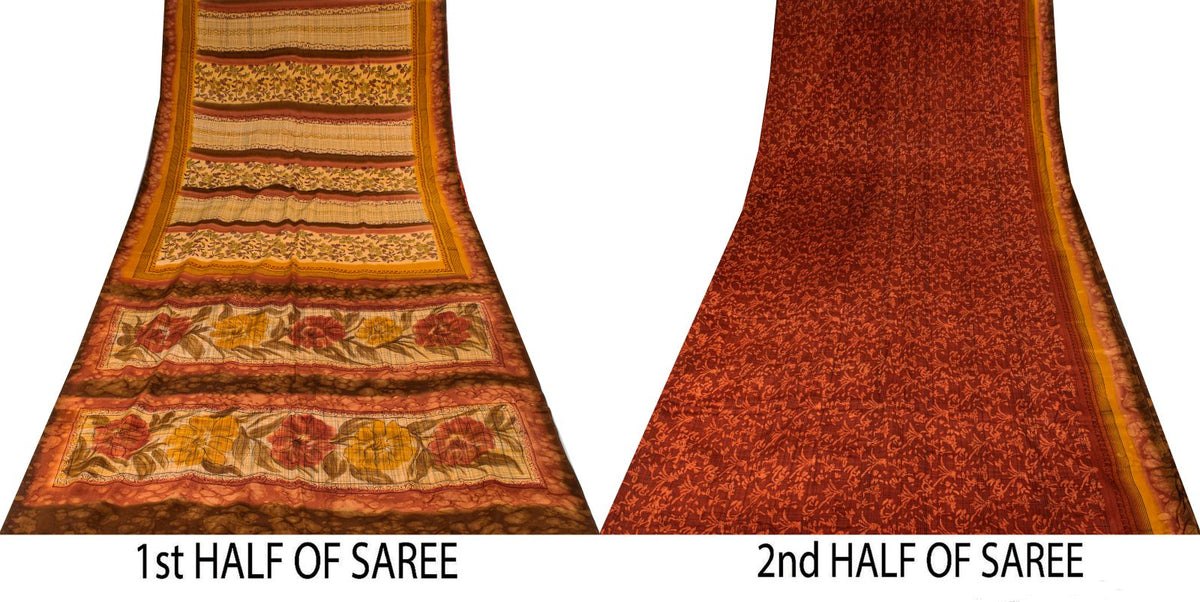 Sanskriti Vintage Saree Maroon-Beige Pure Crepe Floral Print Sari 5+Yard Fabric