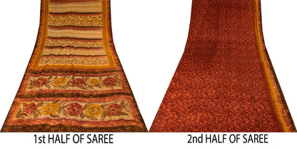 Sanskriti Vintage Saree Maroon-Beige Pure Crepe Floral Print Sari 5+Yard Fabric