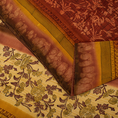 Sanskriti Vintage Saree Maroon-Beige Pure Crepe Floral Print Sari 5+Yard Fabric
