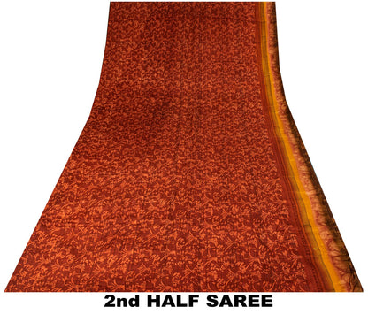 Sanskriti Vintage Saree Maroon-Beige Pure Crepe Floral Print Sari 5+Yard Fabric