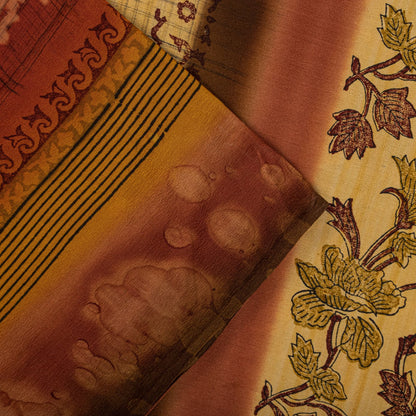 Sanskriti Vintage Saree Maroon-Beige Pure Crepe Floral Print Sari 5+Yard Fabric