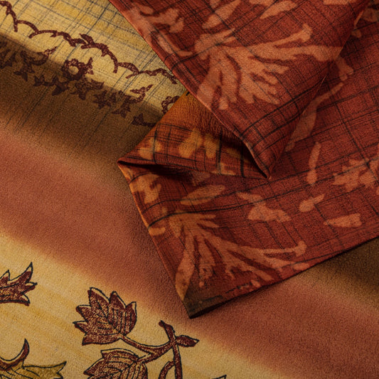Sanskriti Vintage Saree Maroon-Beige Pure Crepe Floral Print Sari 5+Yard Fabric