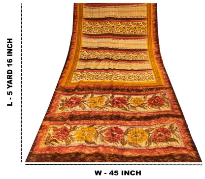 Sanskriti Vintage Saree Maroon-Beige Pure Crepe Floral Print Sari 5+Yard Fabric