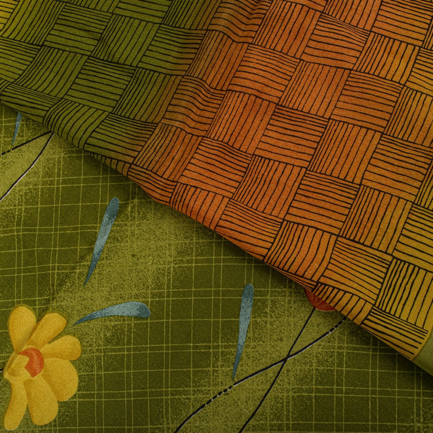 Sanskriti Vintage Saree Green 100% Pure Crepe Floral Print Sari 5.5+Yard Fabric