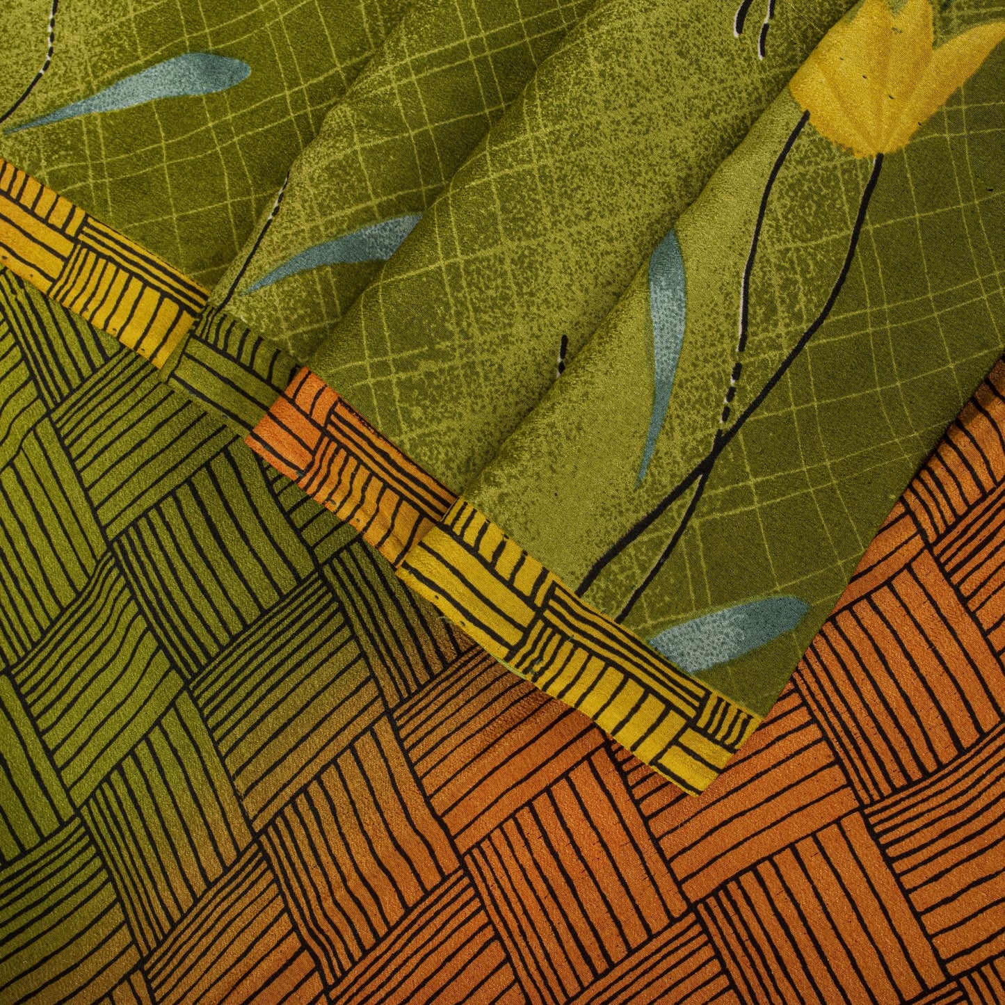Sanskriti Vintage Saree Green 100% Pure Crepe Floral Print Sari 5.5+Yard Fabric