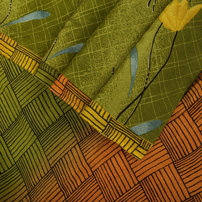 Sanskriti Vintage Saree Green 100% Pure Crepe Floral Print Sari 5.5+Yard Fabric