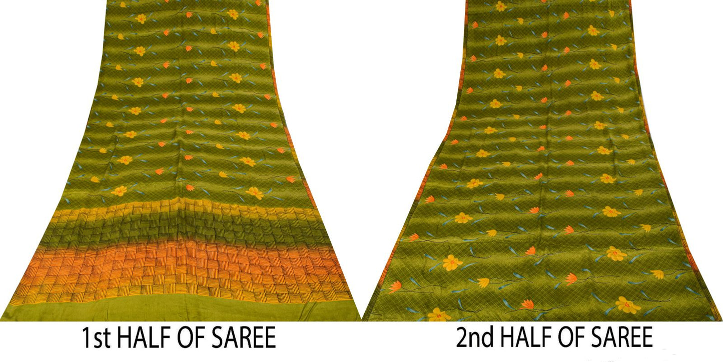 Sanskriti Vintage Saree Green 100% Pure Crepe Floral Print Sari 5.5+Yard Fabric