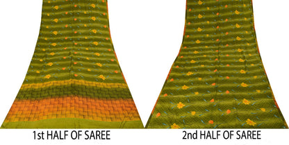 Sanskriti Vintage Saree Green 100% Pure Crepe Floral Print Sari 5.5+Yard Fabric