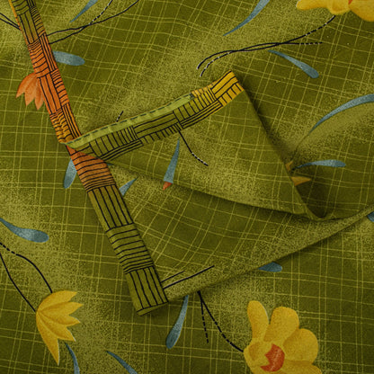 Sanskriti Vintage Saree Green 100% Pure Crepe Floral Print Sari 5.5+Yard Fabric
