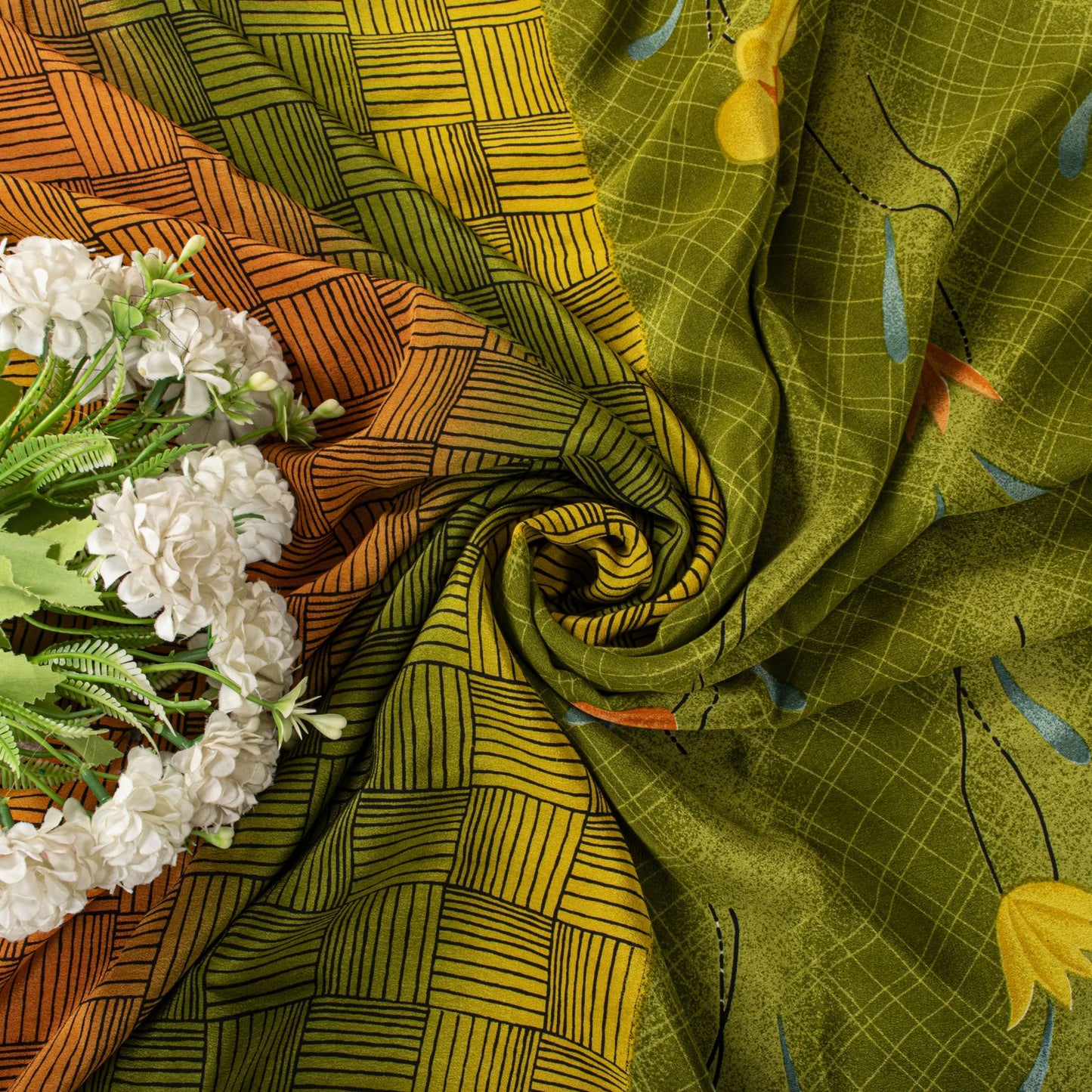 Sanskriti Vintage Saree Green 100% Pure Crepe Floral Print Sari 5.5+Yard Fabric