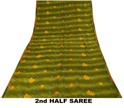 Sanskriti Vintage Saree Green 100% Pure Crepe Floral Print Sari 5.5+Yard Fabric