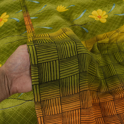 Sanskriti Vintage Saree Green 100% Pure Crepe Floral Print Sari 5.5+Yard Fabric