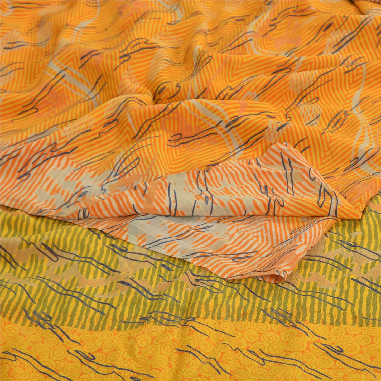 Sanskriti Vintage Yellow Sarees 100% Pure Crepe Silk Printed Sari 5 Yard Sustainable Fabric