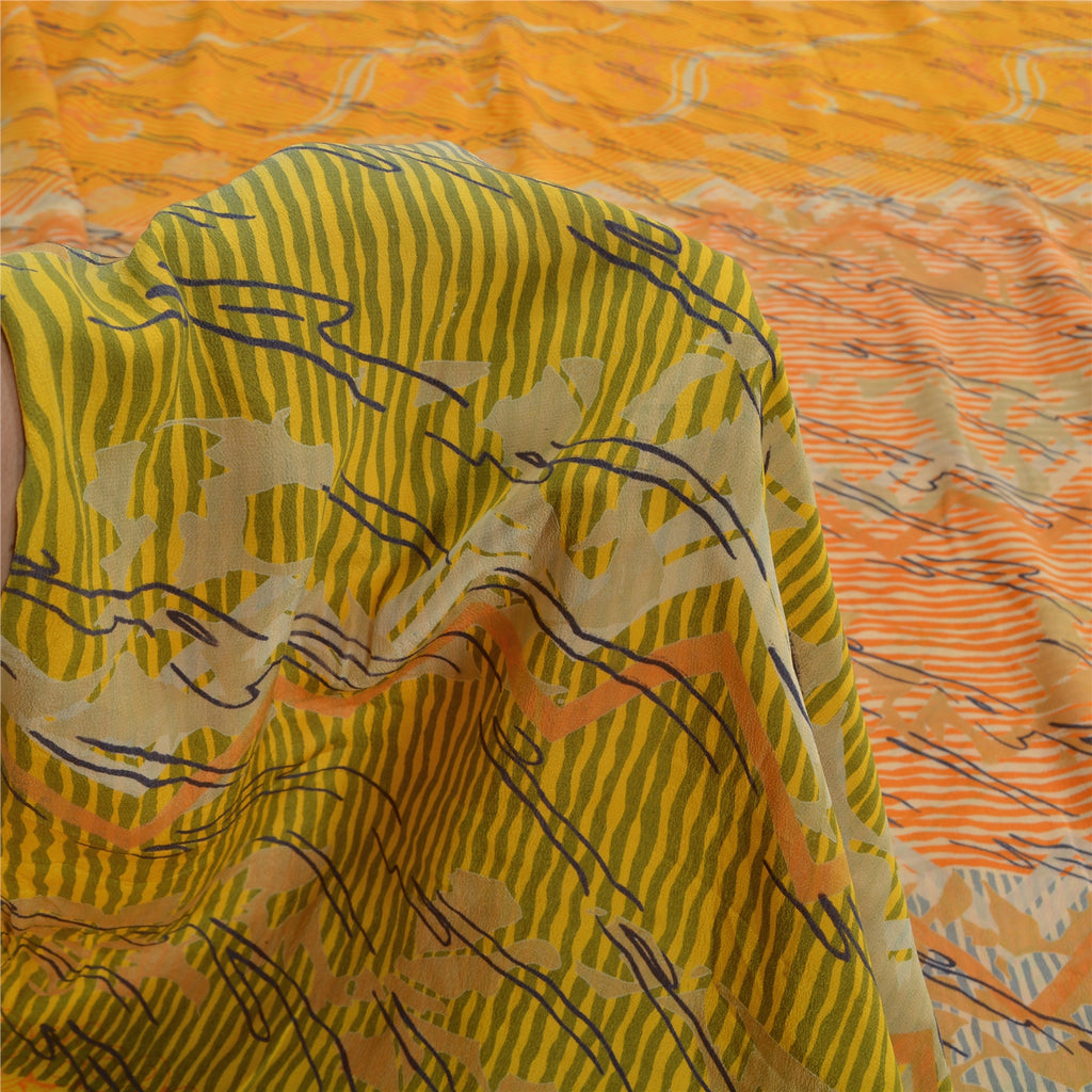 Sanskriti Vintage Yellow Sarees 100% Pure Crepe Silk Printed Sari 5 Yard Sustainable Fabric