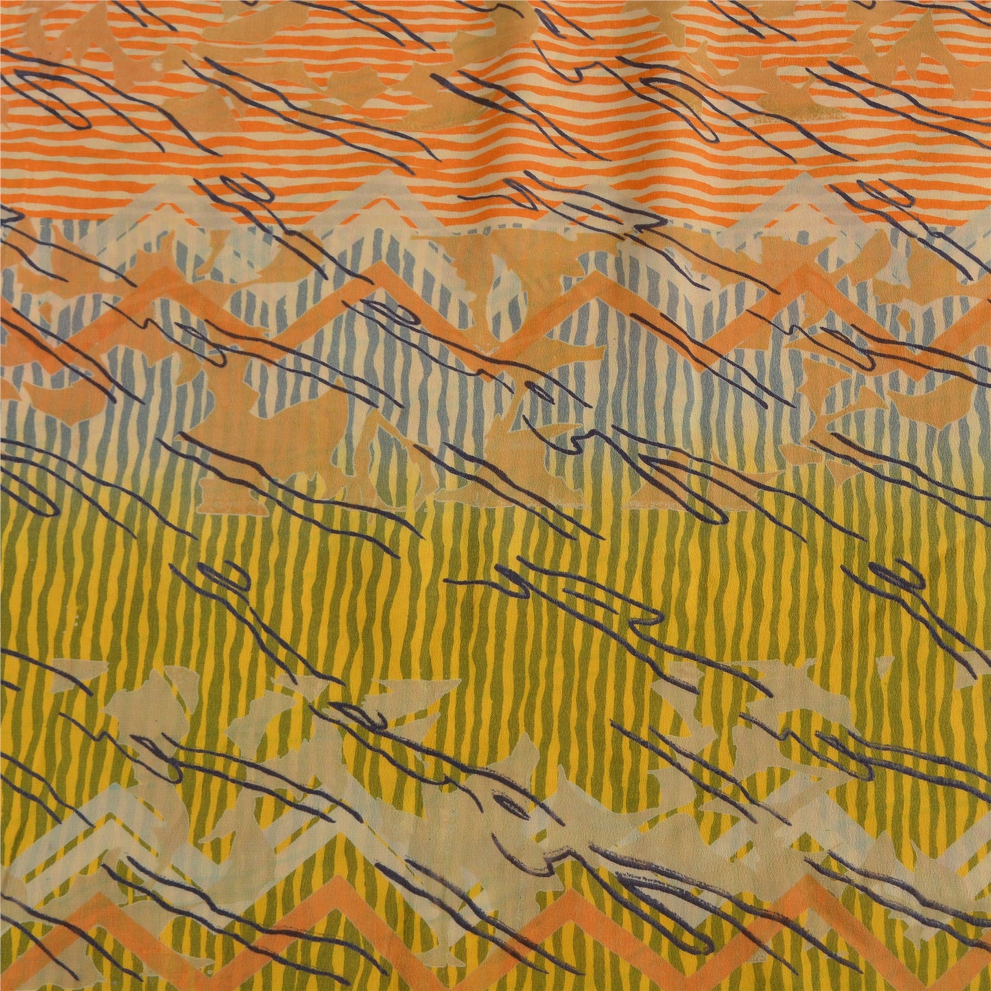 Sanskriti Vintage Yellow Sarees 100% Pure Crepe Silk Printed Sari 5 Yard Sustainable Fabric