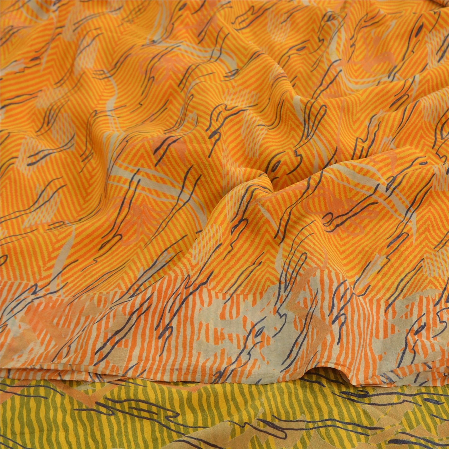 Sanskriti Vintage Yellow Sarees 100% Pure Crepe Silk Printed Sari 5 Yard Sustainable Fabric