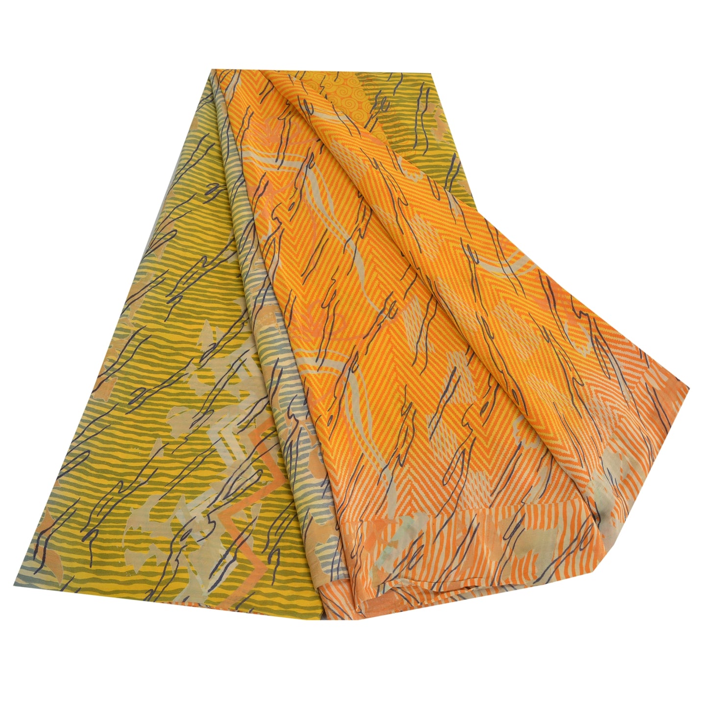 Sanskriti Vintage Yellow Sarees 100% Pure Crepe Silk Printed Sari 5 Yard Sustainable Fabric