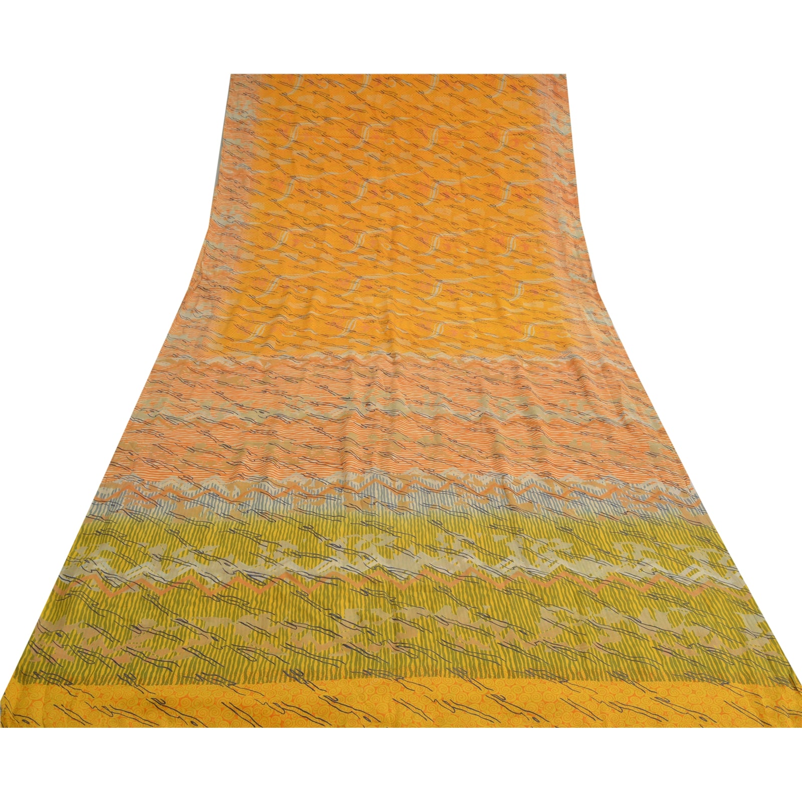 Sanskriti Vintage Yellow Sarees 100% Pure Crepe Silk Printed Sari 5 Yard Sustainable Fabric