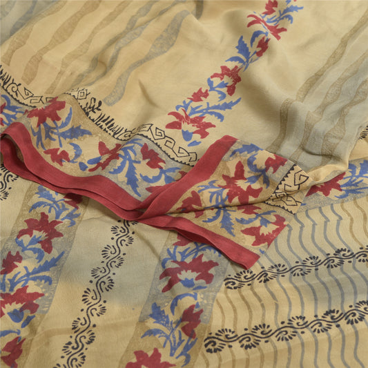 Санскритский винтажный печатный кремовый индийский чистый креповый шелк сари сари ремесло устойчивая ткань